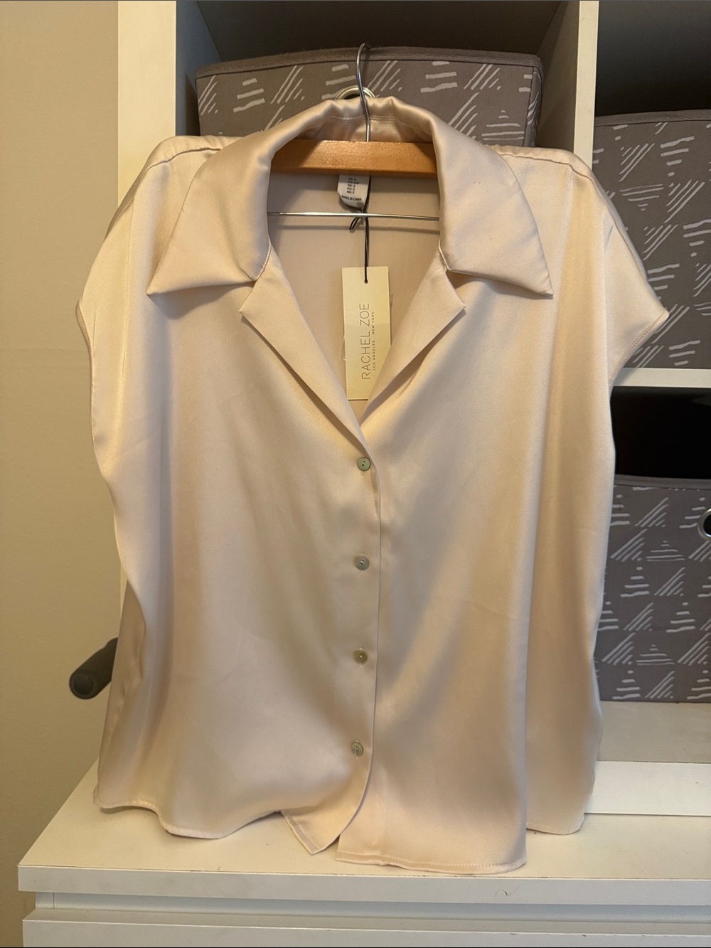 Rachel Zoe Soft Ivory Satin Cap-Sleeve Button Blouse